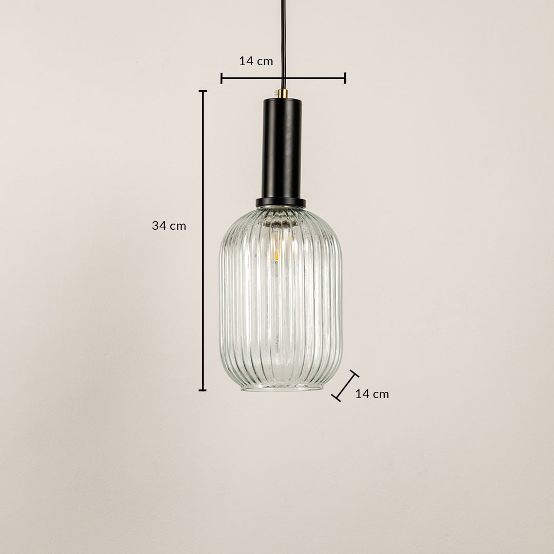 Clear ribbed glass pendant light with black holder showing height 34 cm and width 14 cm for size reference.