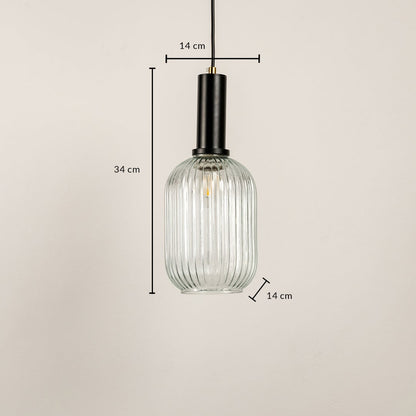 Clear ribbed glass pendant light with black holder showing height 34 cm and width 14 cm for size reference.