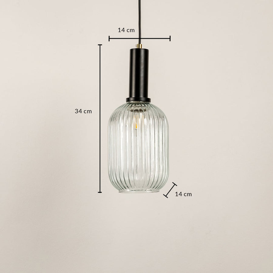 Clear ribbed glass pendant light with black holder showing height 34 cm and width 14 cm for size reference.