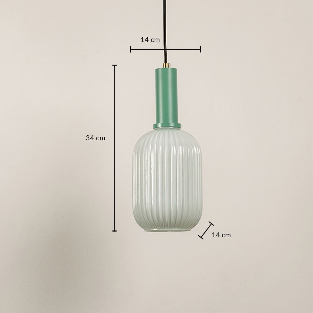 Dimension image of frosted white ribbed glass pendant light with mint green accents showing 34 cm height and 14 cm width.