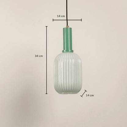 Dimension image of frosted white ribbed glass pendant light with mint green accents showing 34 cm height and 14 cm width.