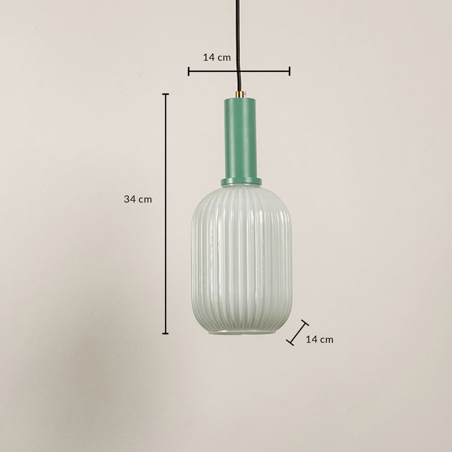 Dimension image of frosted white ribbed glass pendant light with mint green accents showing 34 cm height and 14 cm width.