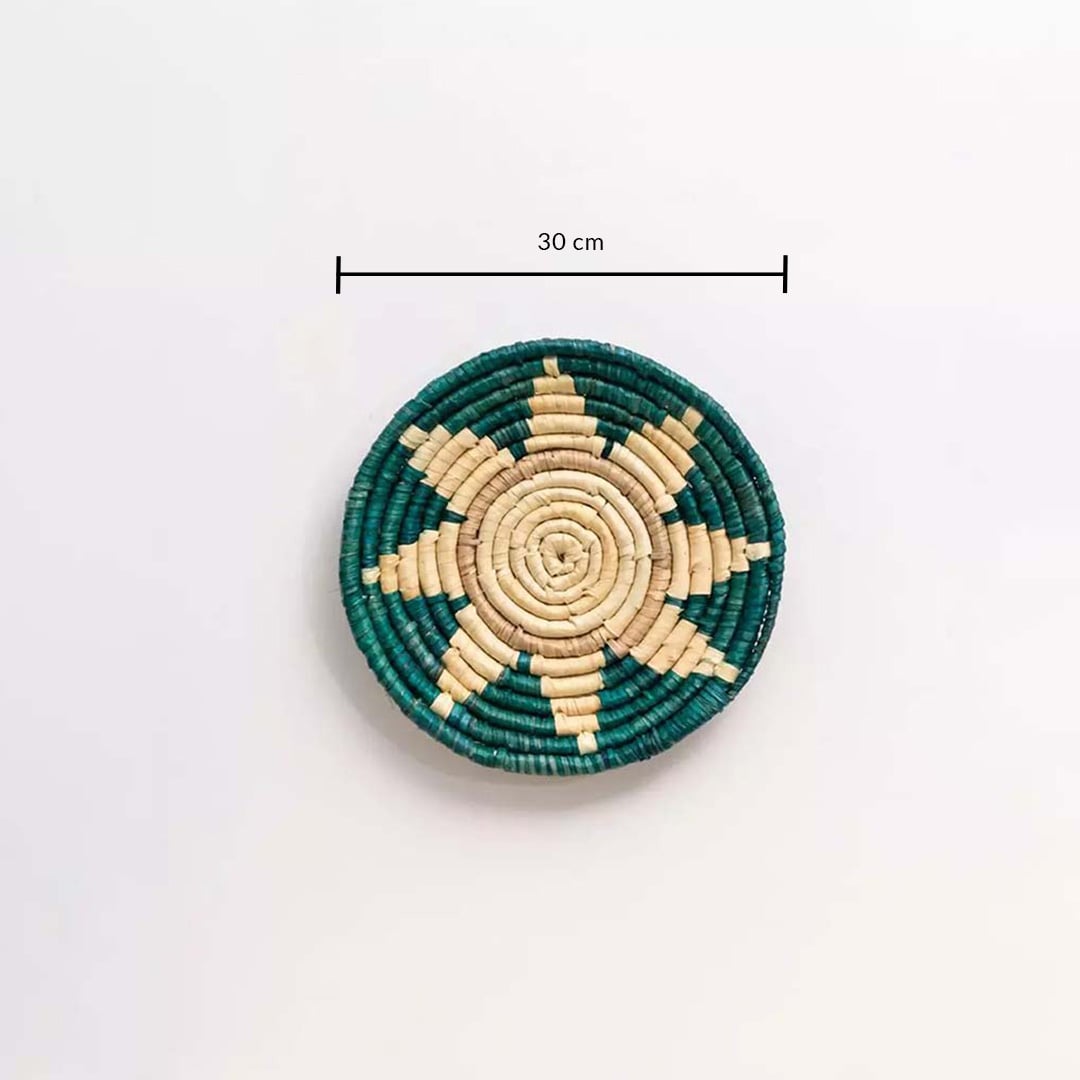Bamboo wall plate in green and beige color with 30 cm diameter shown for size reference and decor wall placement.