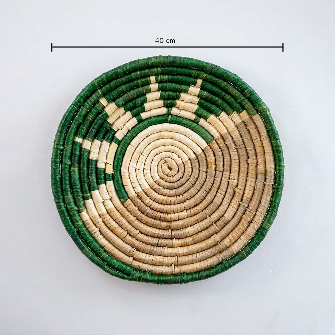 Bamboo wall plate in green beige color showing 40 cm diameter ideal for decorative wall styling and placement.