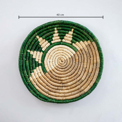Bamboo wall plate in green beige color showing 40 cm diameter ideal for decorative wall styling and placement.