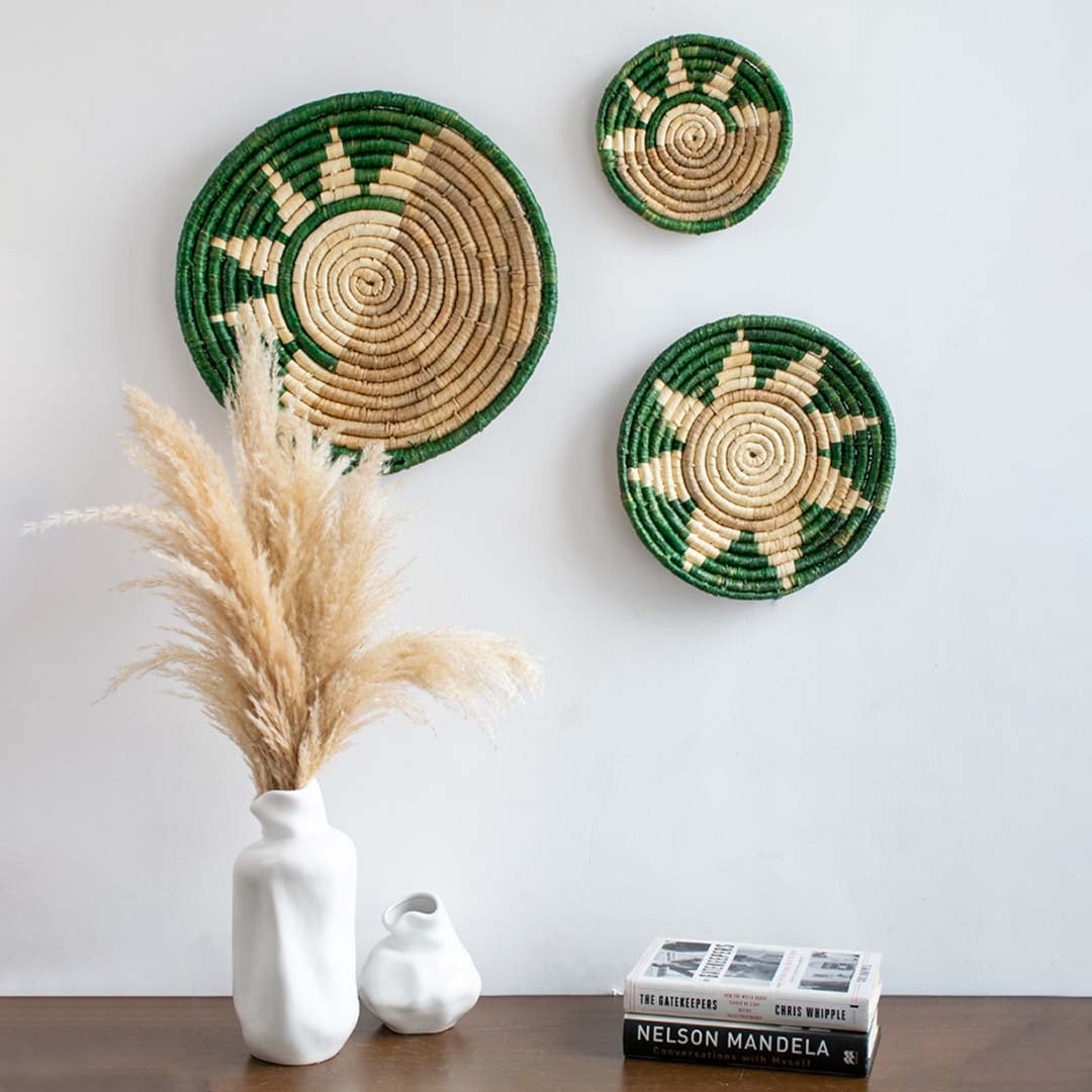 Wall basket Decor arrangement with multiple woven patterns displayed in living room setting adding texture and artisan charm.