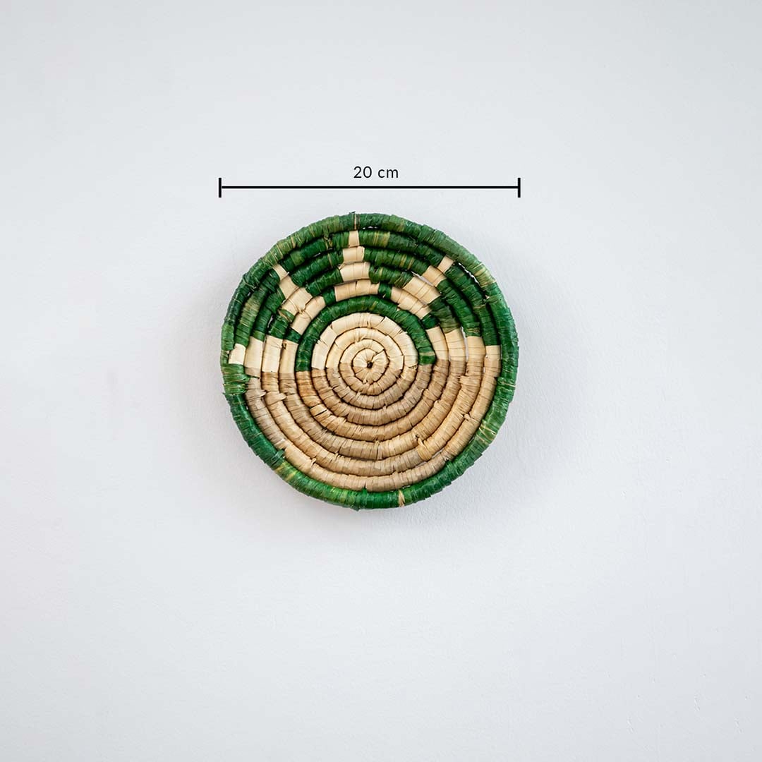 Dimension image of green handwoven wall basket with 20 cm width showing size and design accuracy.