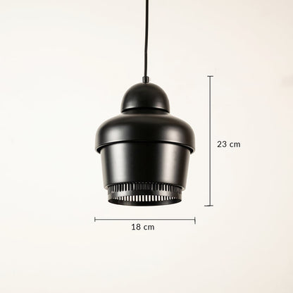 Black metal pendant light with compact cylindrical design showing 12 cm width and 22 cm height suitable for modern ceiling lighting.