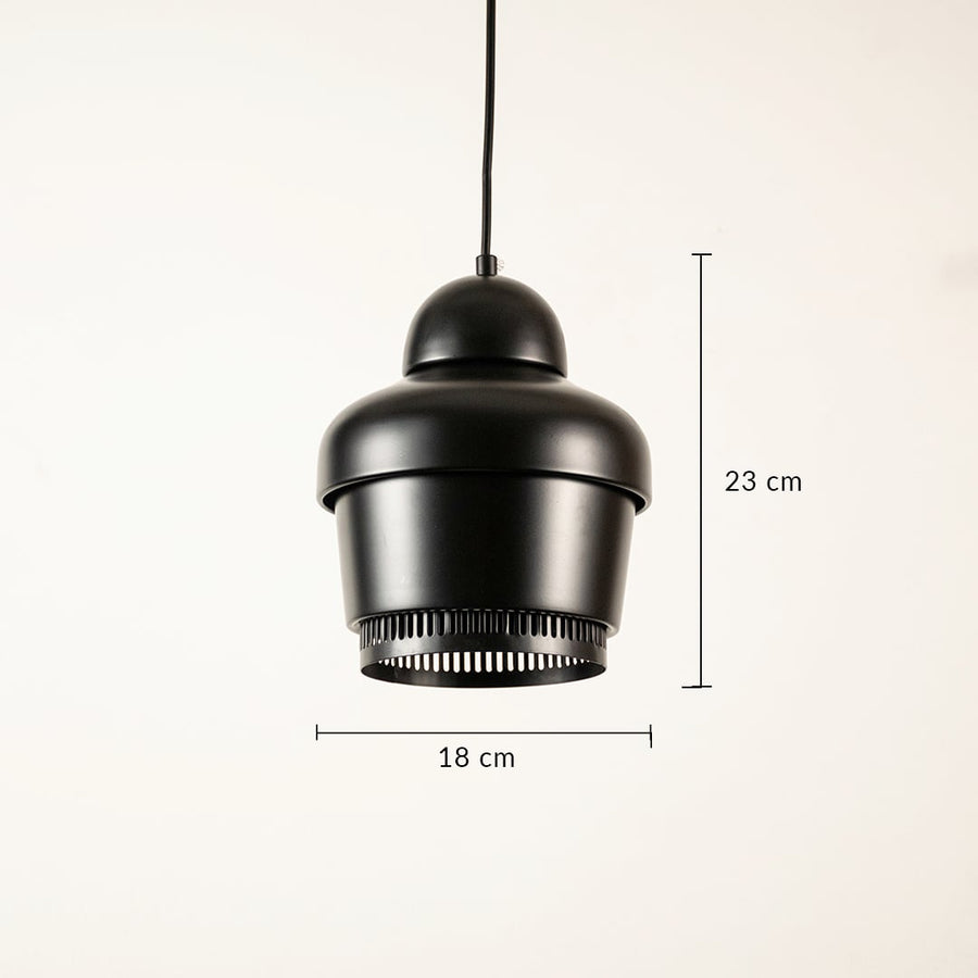 Black metal pendant light with compact cylindrical design showing 12 cm width and 22 cm height suitable for modern ceiling lighting.