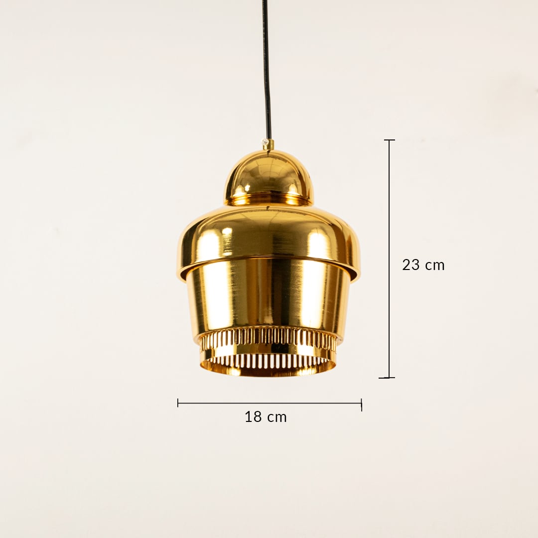 Gold metal pendant light with layered design showing 17 cm height and 10 cm diameter suitable for elegant interior ceiling decor.