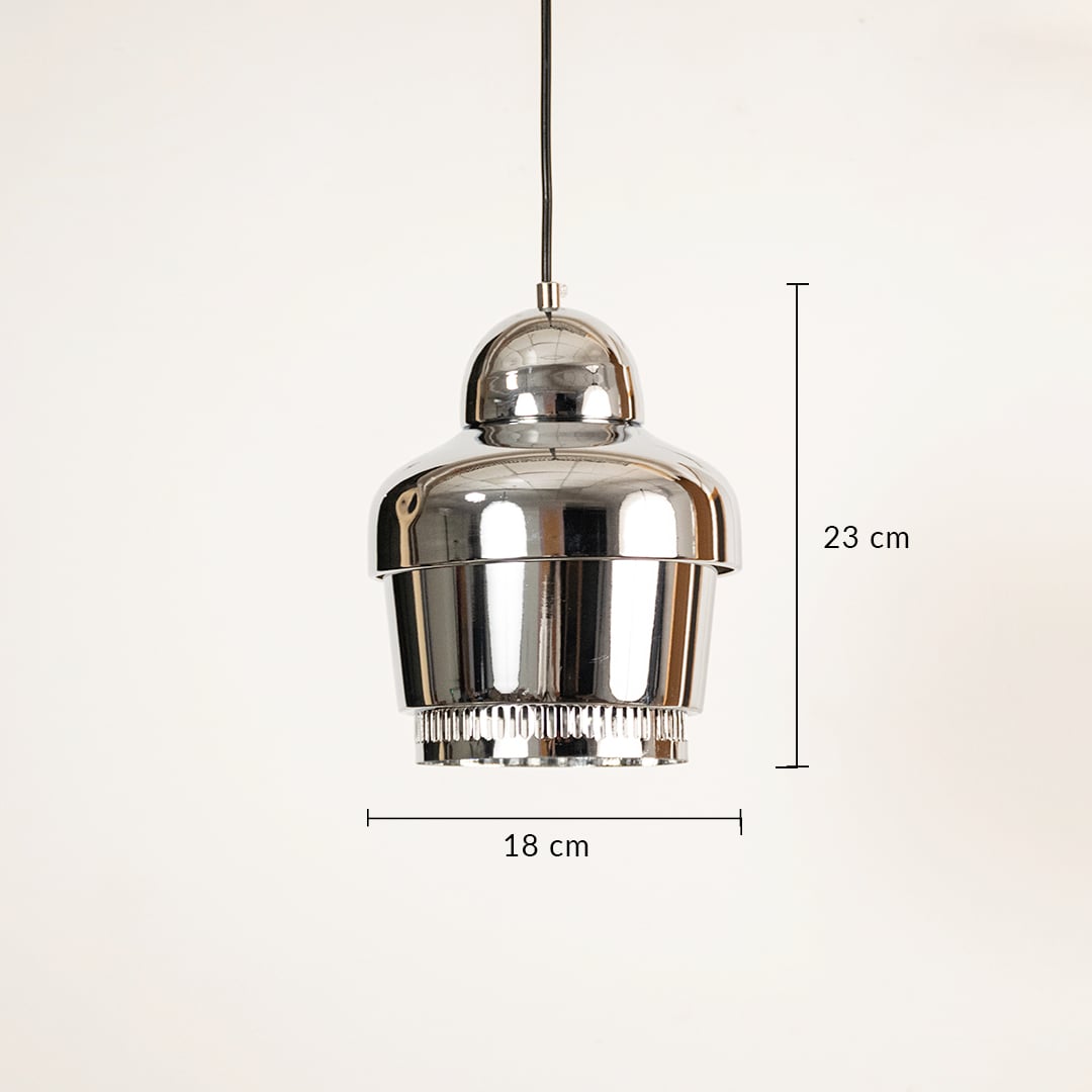 Chrome finish pendant light with reflective metal body showing 17 cm height and 10 cm diameter for contemporary ceiling styling.