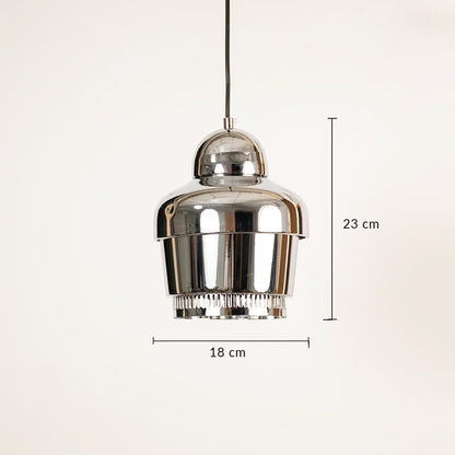 Chrome finish pendant light with reflective metal body showing 17 cm height and 10 cm diameter for contemporary ceiling styling.