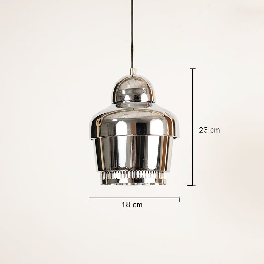 Chrome finish pendant light with reflective metal body showing 17 cm height and 10 cm diameter for contemporary ceiling styling.