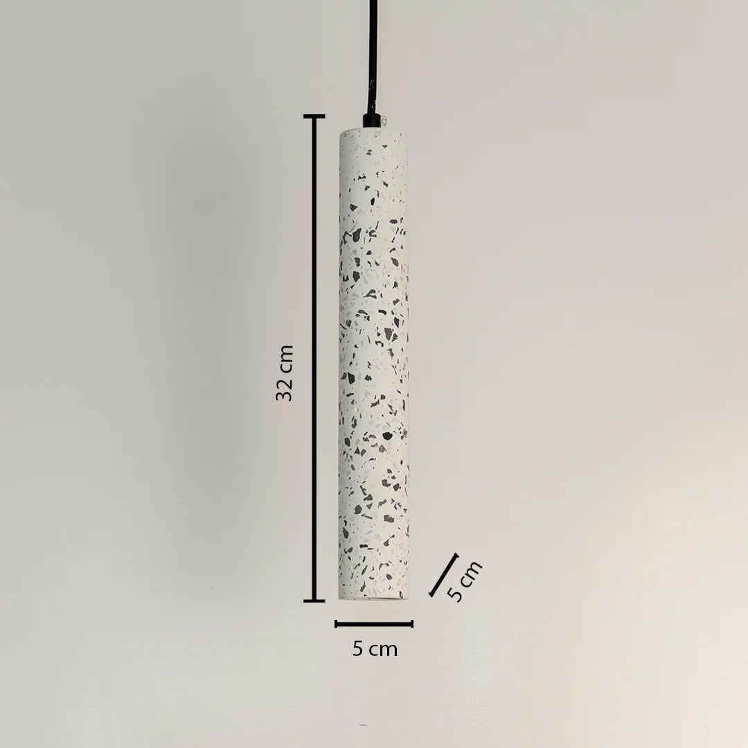 Dimension image of white terrazzo pendant light with cylindrical design showing 30 cm height and 5 cm width.