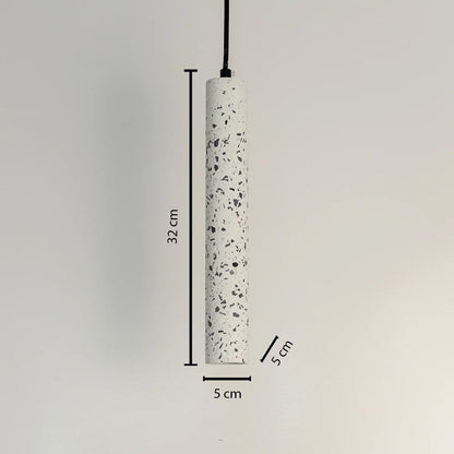Dimension image of white terrazzo pendant light with cylindrical design showing 30 cm height and 5 cm width.
