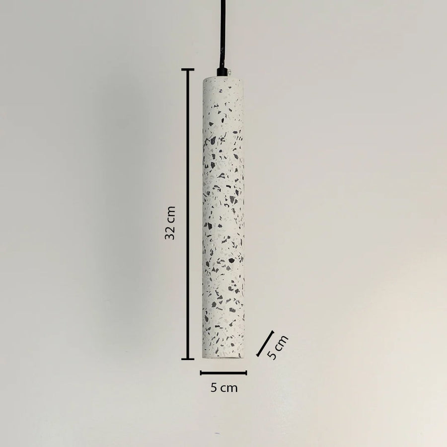 Dimension image of white terrazzo pendant light with cylindrical design showing 30 cm height and 5 cm width.