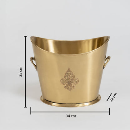 A gold champagne bucket on a white background clearly showing measurements of 34 cm width 25 cm height and 24 cm depth with dimension lines included white background.