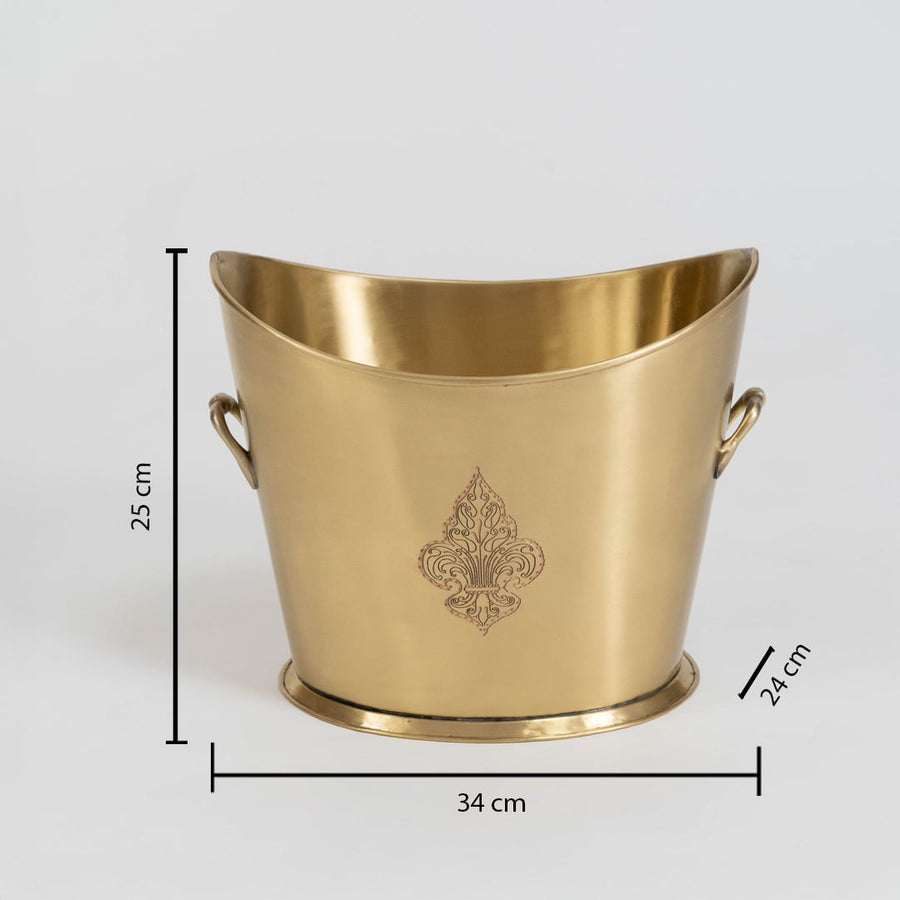 A gold champagne bucket on a white background clearly showing measurements of 34 cm width 25 cm height and 24 cm depth with dimension lines included white background.