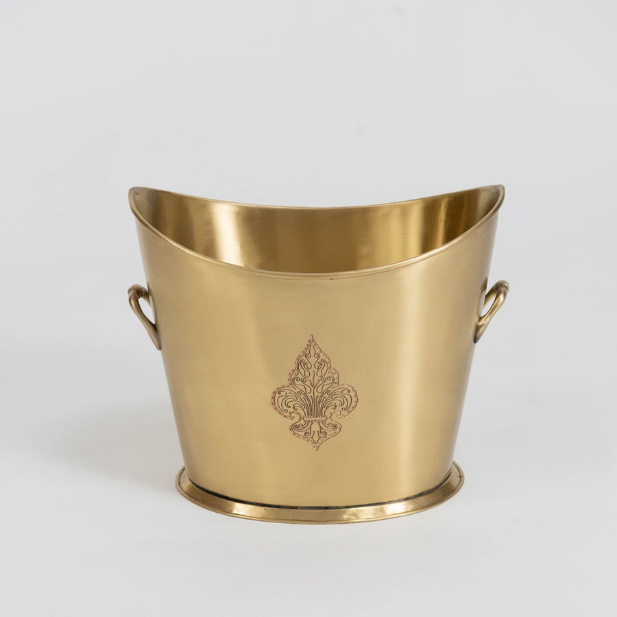 Gold metal planter with floral design and side handles shown with 20 cm height and 29 cm width dimension labels.