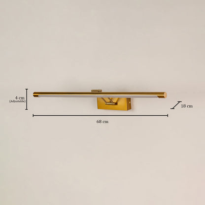 Gold picture light measuring 68 cm width 18 cm depth and 4 cm height adjustable ideal for focused wall illumination.
