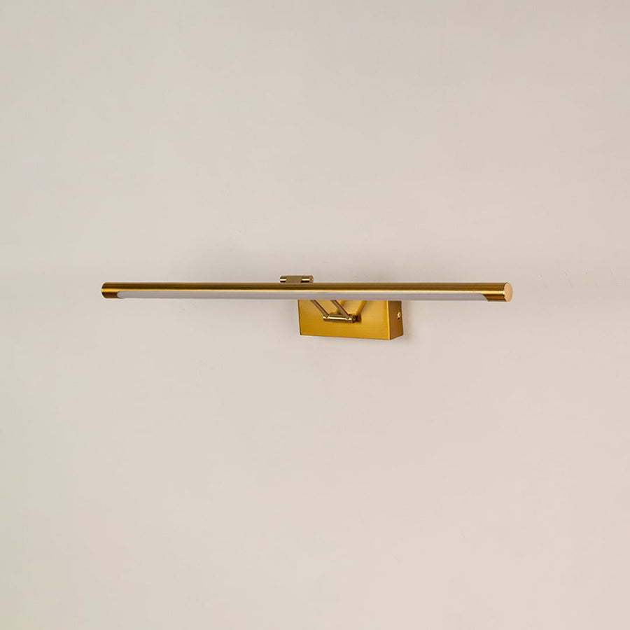 Gold picture light on white background with lights off displaying premium metal finish for modern wall styling.