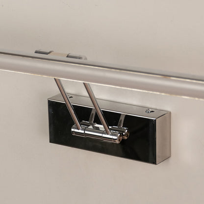 Closeup of chrome picture light showing sleek bar design and warm LED glow for premium wall mounted picture lighting.