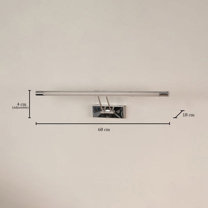 Chrome picture light with adjustable 4 cm depth 68 cm width and 18 cm height shown for accurate wall mounting dimensions.