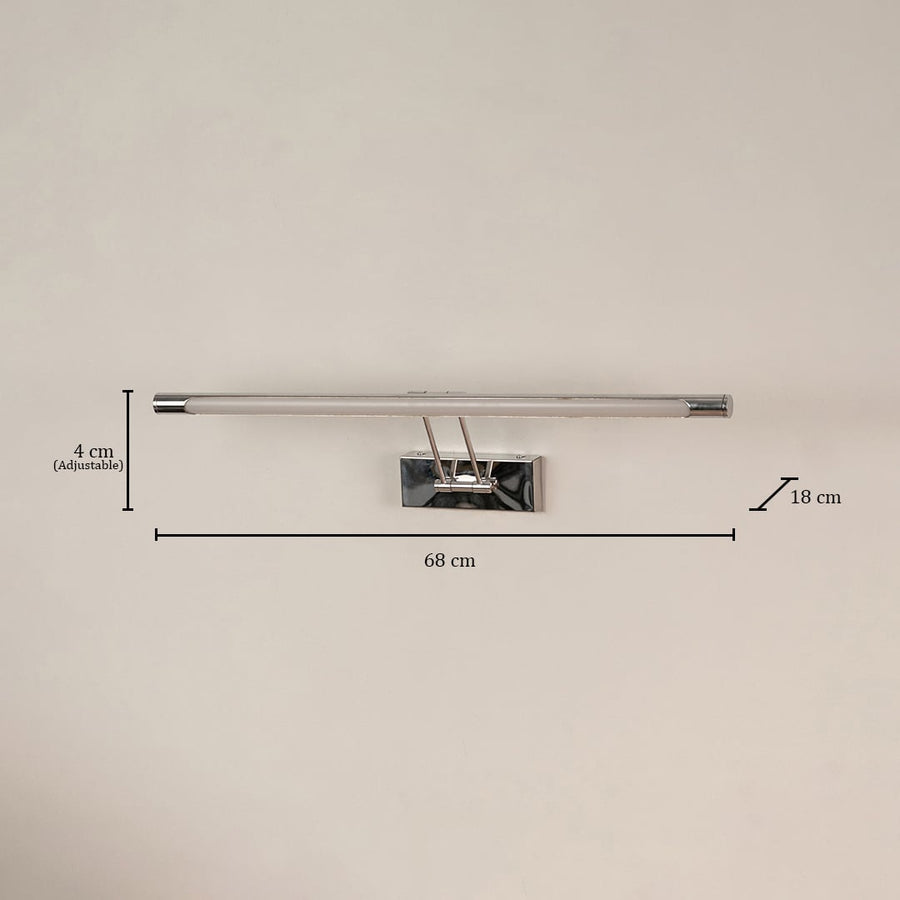 Chrome picture light with adjustable 4 cm depth 68 cm width and 18 cm height shown for accurate wall mounting dimensions.
