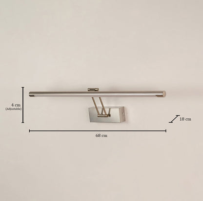 Silver picture light with 68 cm width 18 cm depth and 4 cm adjustable height shown clearly for accurate wall mounting reference.