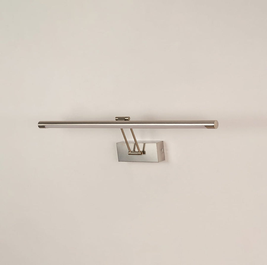Silver picture light displayed on white background with light off showing clean metal finish and contemporary wall mounting style.