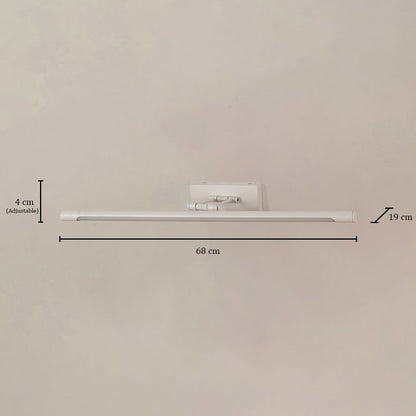 White metal picture light with 68 cm width and 4 cm adjustable height and 19 cm depth shown clearly with measurements.