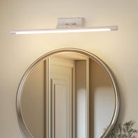 White metal picture light with slim adjustable bar shown in closeup for modern wall decor lighting in living room.
