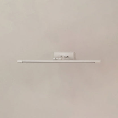 White metal picture light displayed on a white background with the light off showing its minimal design.