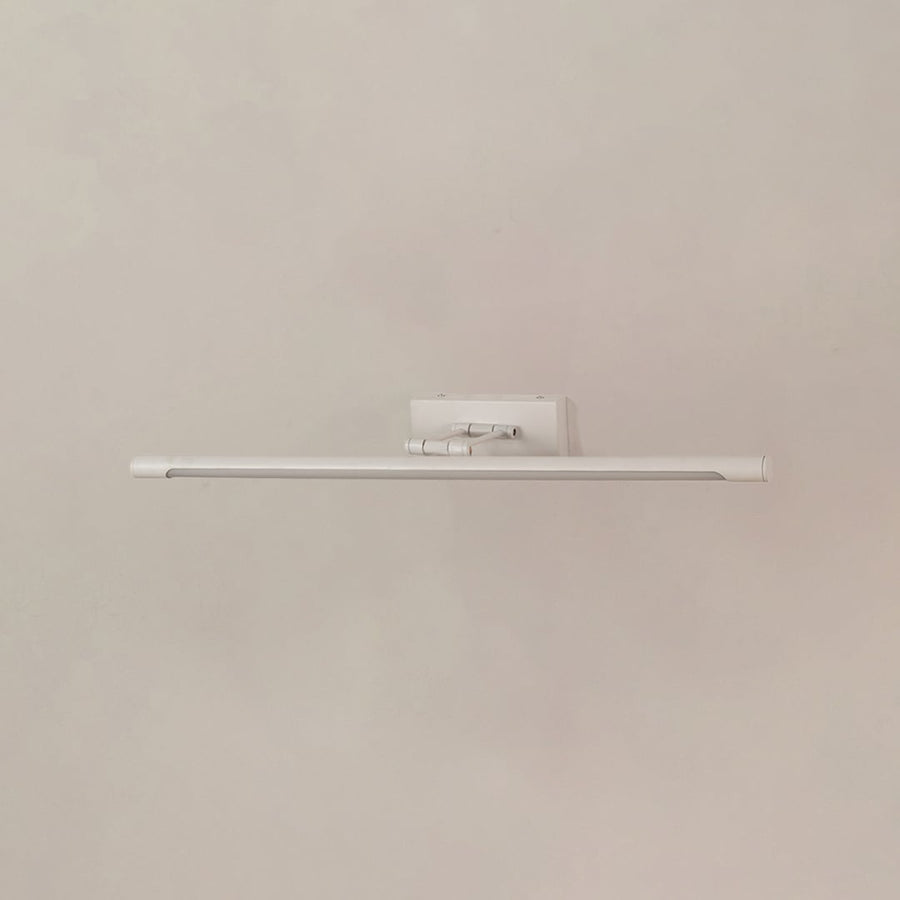 White metal picture light displayed on a white background with the light off showing its minimal design.