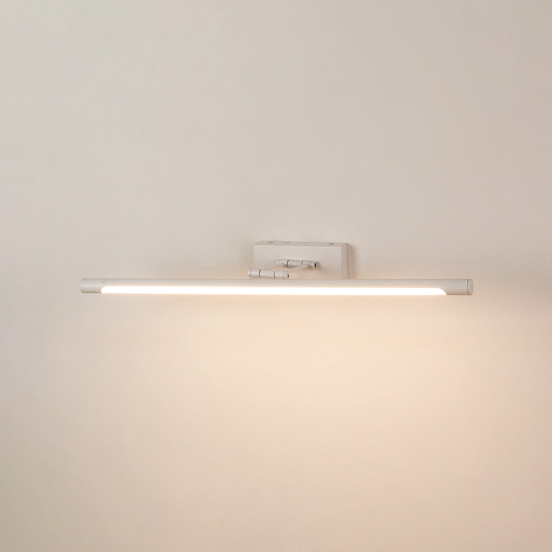 Minimal wall light in white metal finish with linear bar design for bathroom or vanity decor lighting white background.
