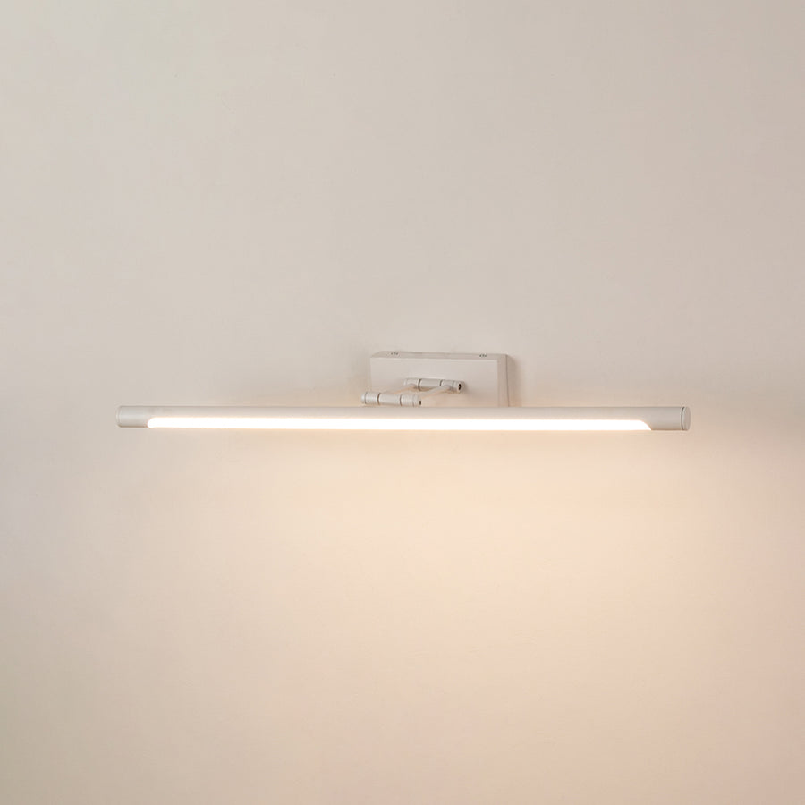 Minimal wall light in white metal finish with linear bar design for bathroom or vanity decor lighting white background.