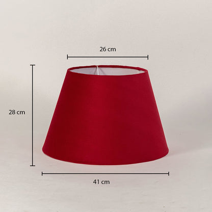 Red tapered lampshade on a white background with dimensions showing 28 cm height 26 cm top width and 41 cm bottom width for sizing.