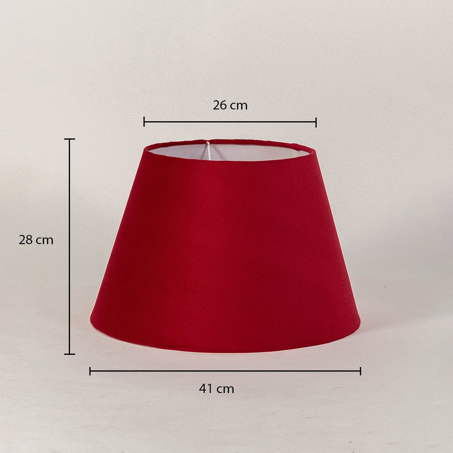 Red tapered lampshade on a white background with dimensions showing 28 cm height 26 cm top width and 41 cm bottom width for sizing.