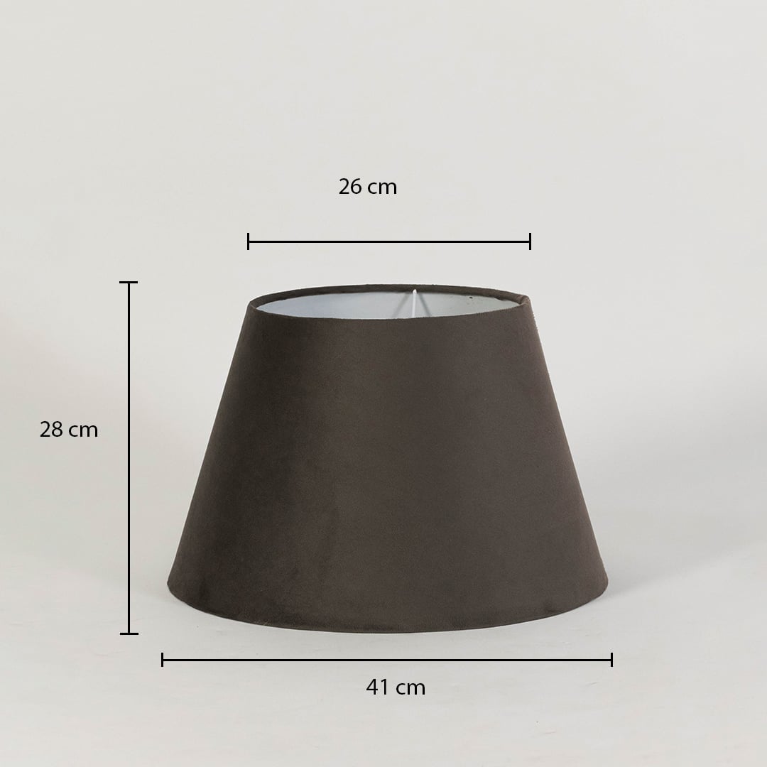 Brown tapered lampshade with dimensions showing 28 cm height 26 cm top width and 41 cm bottom width for accurate size reference.