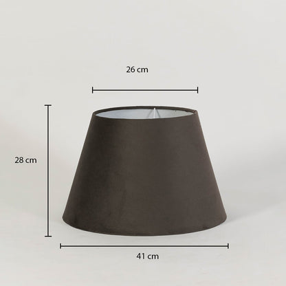 Brown tapered lampshade with dimensions showing 28 cm height 26 cm top width and 41 cm bottom width for accurate size reference.