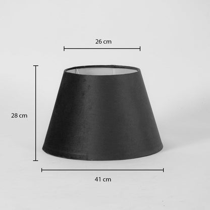 Black tapered lampshade on a white background with measurements showing 28 cm height 26 cm top width and 41 cm bottom width for accurate size reference.