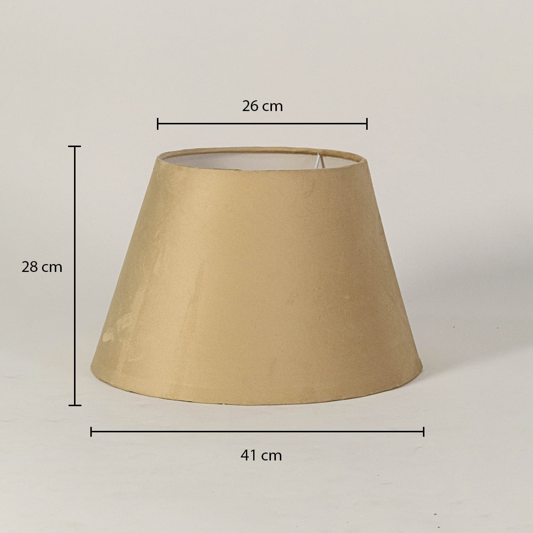 Beige tapered lampshade displayed on a white background with measurements showing 28 cm height 26 cm top width and 41 cm bottom width for clear size reference.