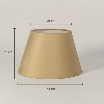 Beige tapered lampshade displayed on a white background with measurements showing 28 cm height 26 cm top width and 41 cm bottom width for clear size reference.