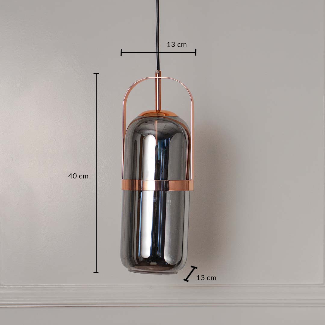 Pendant light with smoked glass and copper frame size 40x13 cm shown with accurate measurement dimensions.