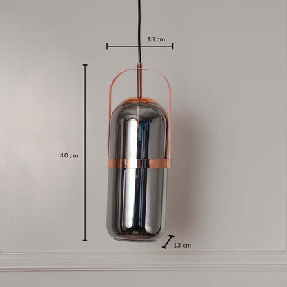 Pendant light with smoked glass and copper frame size 40x13 cm shown with accurate measurement dimensions.