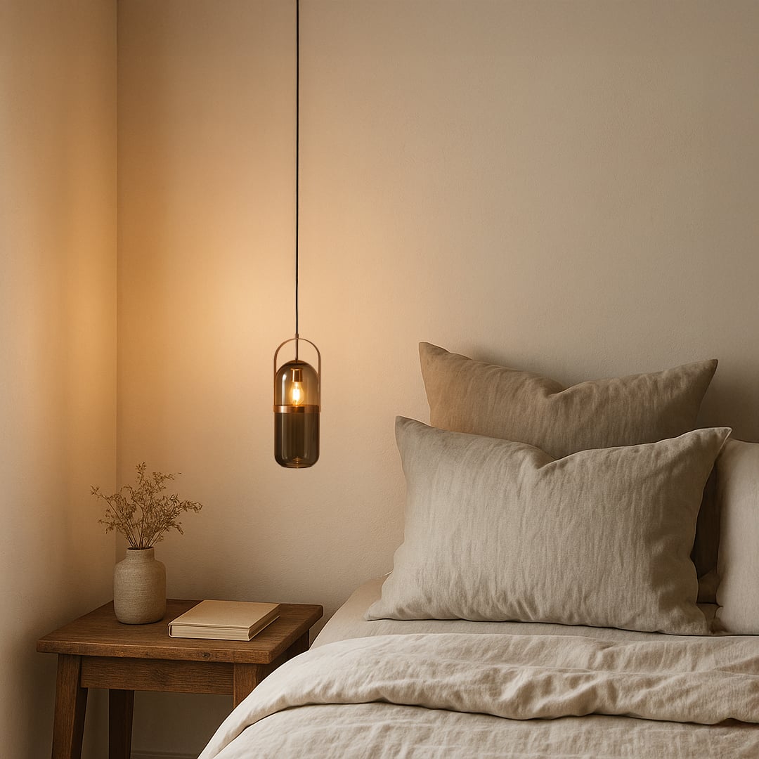 Elegant pendant light with smoked glass and copper frame adds warm ambient glow to modern bedroom decor.