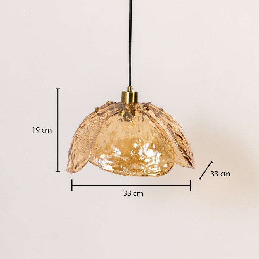 Amber textured glass and brass pendant light dimension image with 33 cm width and 19 cm height for luxury dining placement.