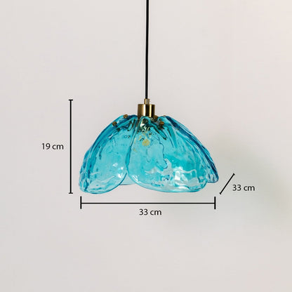 Blue textured glass and brass pendant light dimension image with 33 cm width and 19 cm height for modern dining placement.