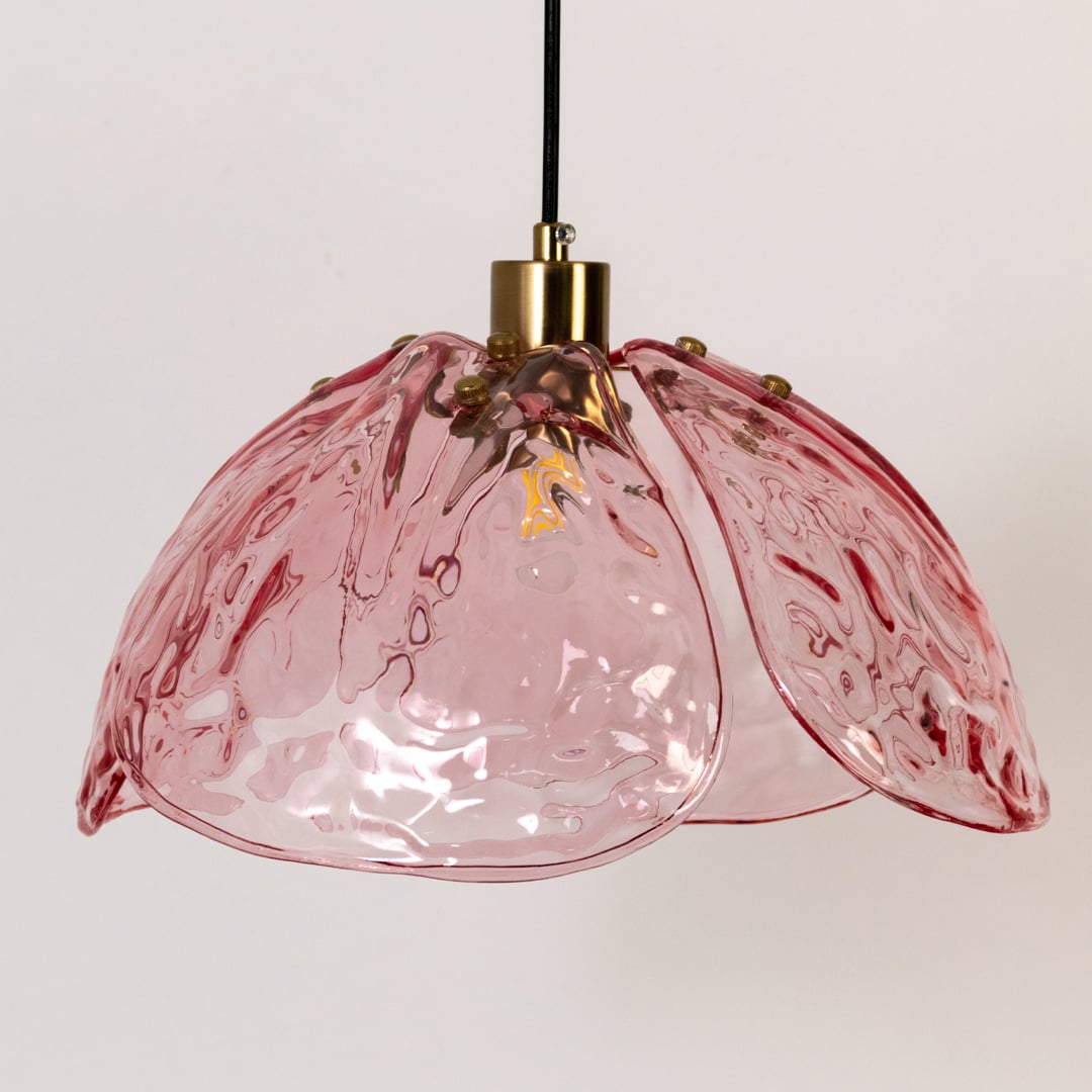 Pink textured glass and gold metal pendant light highlighting premium craftsmanship and elegant details.