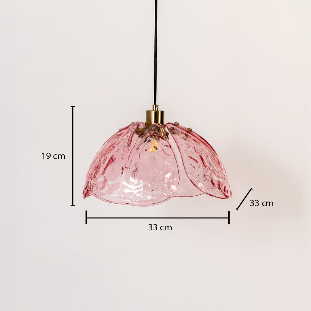 Pink textured glass and brass pendant light dimension image with 33 cm width and 19 cm height for luxury dining placement.